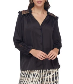 Camisa Negra Con Encaje Manga Larga, Mujer