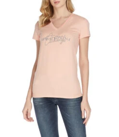 Armani Exchange Playera Rosa Cuello V Manga Corta Con Pedrería Mujer