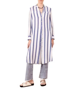 Camisa Maxi A Rayas Con Cuello Mao Y Manga Larga Gunjeet Mujer