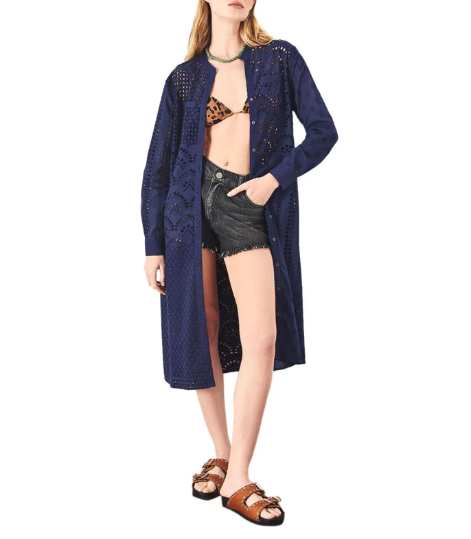 Camisa Larga Azul Con Diseño Calado Y Manga Larga Mujer 5 Camisa Larga Azul Con Diseño Calado Y Manga Larga Mujer - Imagen 3