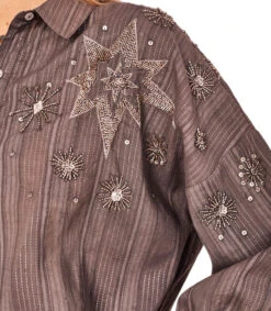 Camisa Gris Con Rayas Y Manga 7,8 Mujer -GlamModa Ventas 43086580 x3