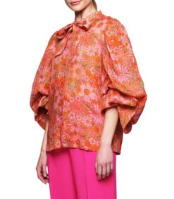 Camisa Estampada De Cuello Mao Y Manga 3,4 Mujer