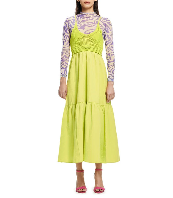 Vestido Midi Crochet Y Popelina Mujer