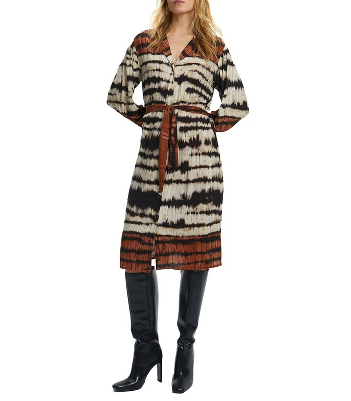 Vestido Camisero Midi Manga Larga Estampado Mujer