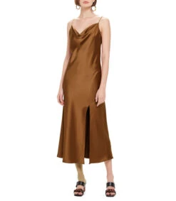 Vestido De Fiesta Satín Café Canela Mujer