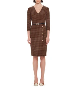 Vestido De Cuadros Ajustado Con Cinturón Mujer