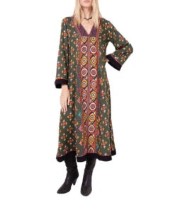 Vestido Midi De Manga Larga Y Mix De Estampados Mujer