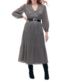 Maxi Vestido Estampado Geométrico Con Cinturón Mujer